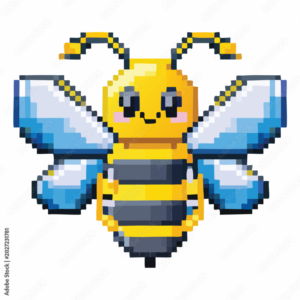 Fototapeta premium Pixel art bee illustration with yellow and blue wings and a smiling face