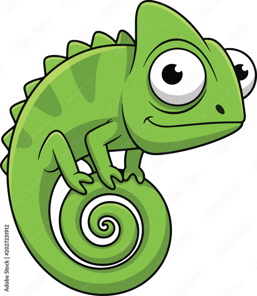 Naklejka premium Cute Cartoon Chameleon Sitting on Swirling Tail
