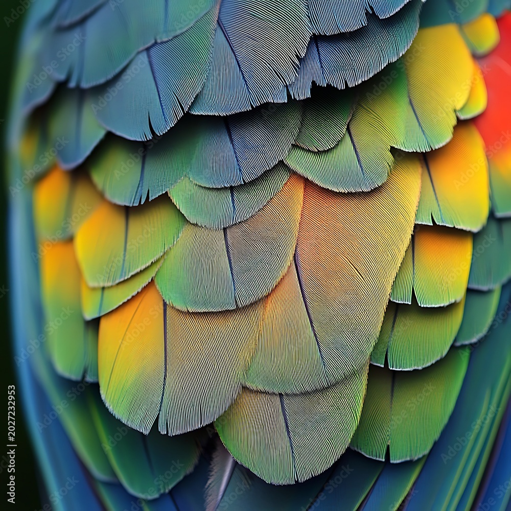 Obraz premium Vibrant parrot plumage detail close up of colorful feathers in blue green yellow and red tones