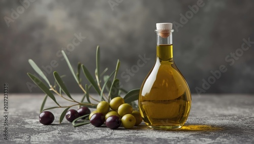 Still Life of Olive Oil Bottle with Fresh Olives Rustic Setting, Soft Light
