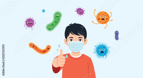 Responsible young boy wearing a blue medical face mask gives a thumbs up while surrounded by various colorful germs and viruses.