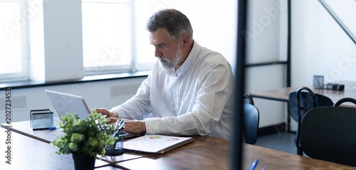 Smiling mature business man executive wearing shirt sitting at desk using laptop. Happy busy professional middle aged businessman investor working on computer looking away in office