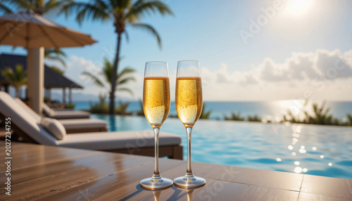 Two glasses of sparkling wine beside a swimming pool framed by tall palm trees, capturing a luxurious tropical resort lifestyle and holiday mood.