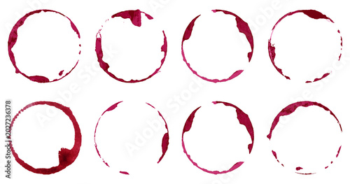 Wine glass stains set. Red circular wine rings and splashes on transparent background. Realistic beverage marks collection for bar or restaurant design, menu decoration.