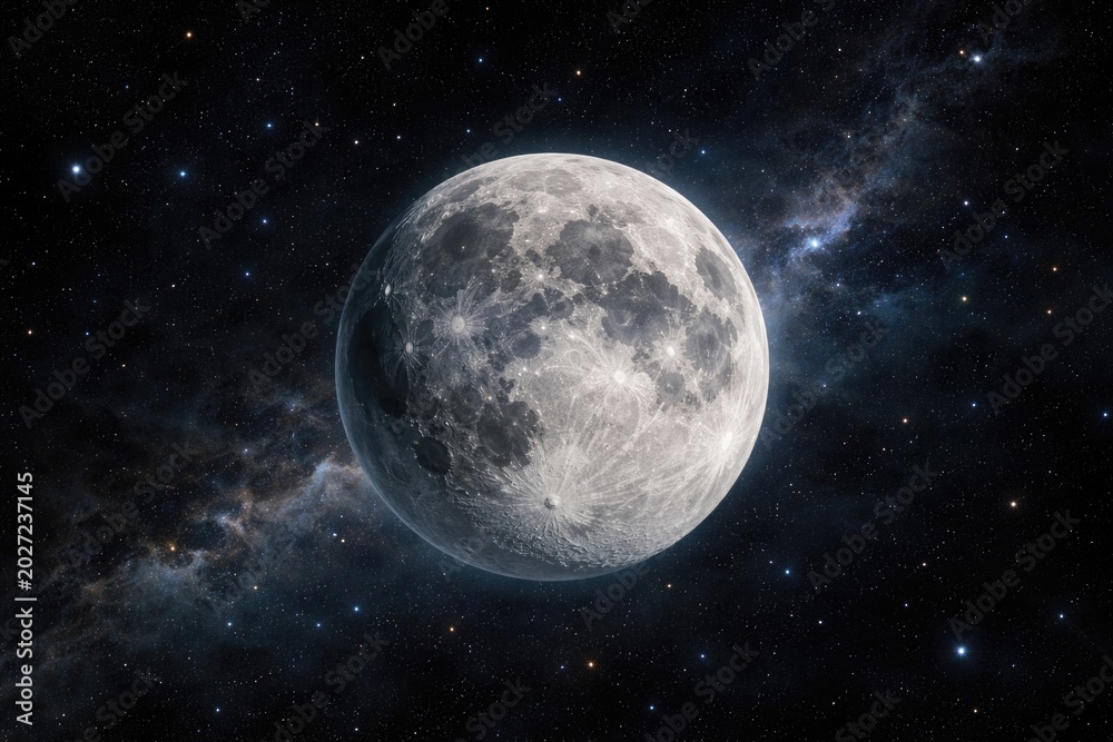 Naklejka premium Moon in outer space surrounded by cosmic darkness