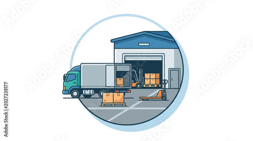 Cuadro en lienzo Warehouse loading dock with truck and forklift unloading cargo.