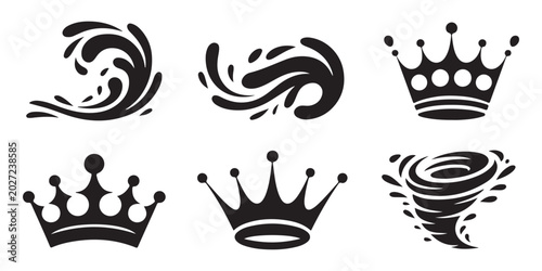 Tableau sur toile Abstract water splashes crowns and tornado symbols set