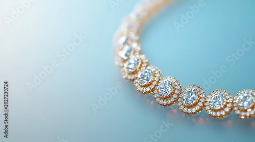 Elegant diamond halo necklace close up on teal background luxury jewelry product shot