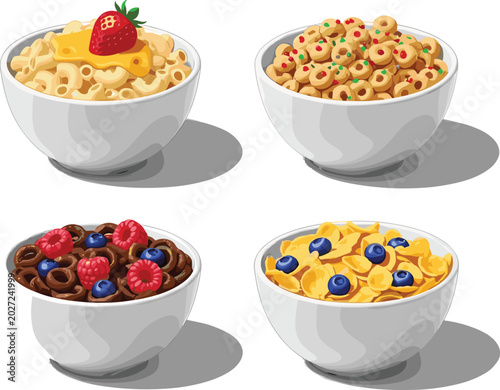 Foto Healthy Breakfast Cereal Bowl Vector Set Featuring Corn Flakes, Oatmeal Porridge