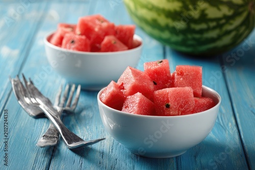 Refreshing cubed watermelon in white bowls, with whole fruit and forks