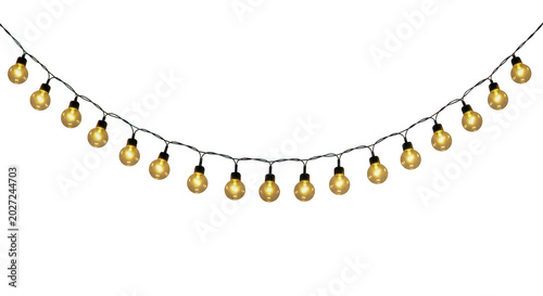 Bild auf Leinwand Elegant gold string lights with warm bulbs hanging decoratively isolated on tran