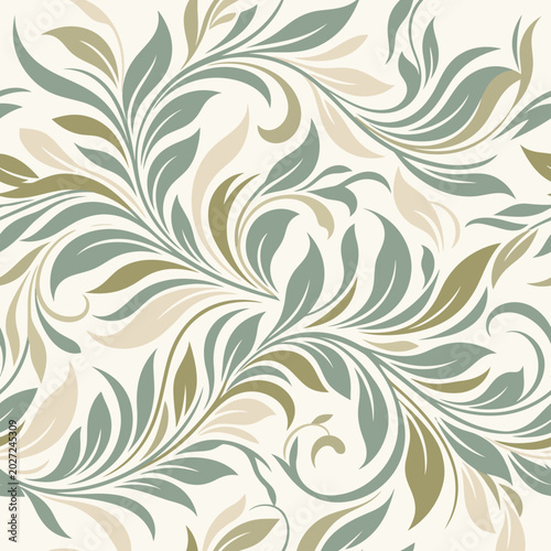 Elegant floral pattern with green leaves.