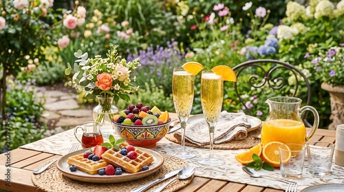 Outdoor brunch table with champagne and fresh fruit