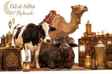 Luxury Eid al Adha Livestock Showcase with Camel Buffalo Cow and Islamic Lantern Decor
