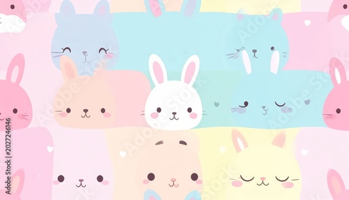 Cute Pastel Animal Faces Arranged in Kawaii Pattern Background