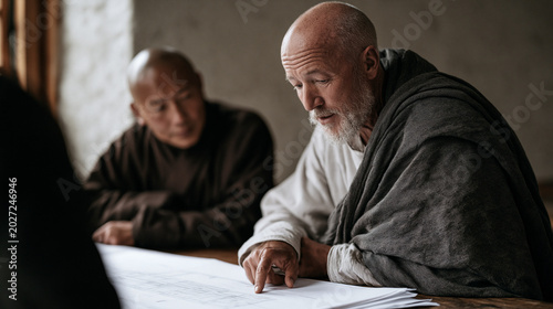 Tibetan Buddhist abbot reviews architectural blueprints with a structural engineer across a refectory table in a functioning hillside monastery, balancing the preservation of centuries-old building 