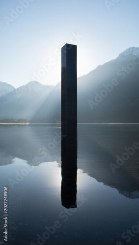 Cuadro en lienzo Minimalist black monolith structure standing in middle of calm mountain lake
