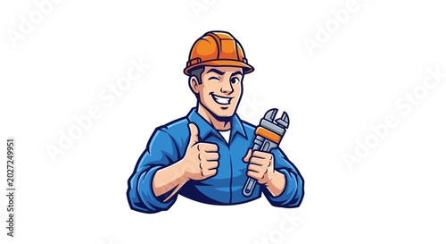 Skilled construction worker with wrench and thumbs up gesture.
