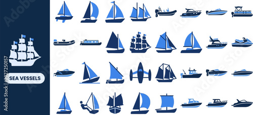Tableau sur toile Sea Vessel and Sailing flat icon set