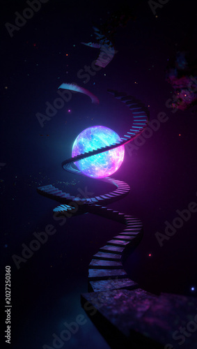 Foto Floating stone stairs leading to glowing orb in dark surreal space with stairway