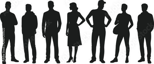 Group of people standing pitch black solid silhouette cad drawing flat vector illustration diverse men and women isolated on white.