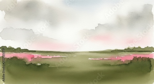 Abstract watercolor landscape painting with soft green fields and pink floral accents under a cloudy sky