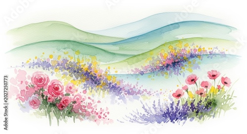 Watercolor painting of a rolling landscape with vibrant wildflowers and roses isolated on white background