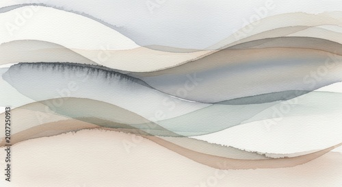 Abstract watercolor painting with soft flowing waves in neutral earth tones and muted blue