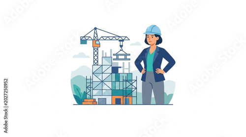 Canvastavla Woman architect supervising construction site with crane and building