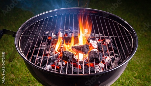 Charcoal grill with burning logs placed on a metal grate