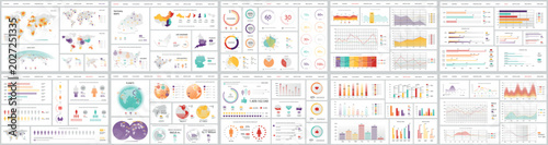 Mega set of infographic elements data visualization vector design template. Includes social media, business process, people, workflow, diagram, flowchart, timeline, marketing. Bundle info graphics.