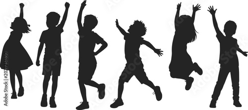 Happy jumping children group silhouette, kids playing and cheering together, pitch black solid silhouette cad drawing flat vector illustration, joy.