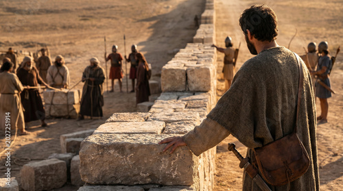 Nehemiah observing the completed Jerusalem wall with determination under a clear sky