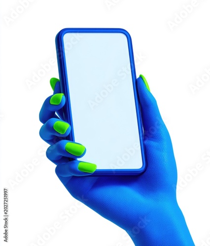 A blue hand with neon green nails holds a modern smartphone with a blank screen