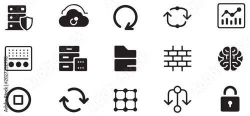 Diverse collection of data and server vector icons illustrating concepts like security and analytics.