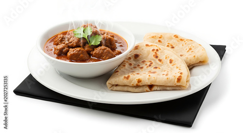 Meat curry with flatbreads on white plate, isolated on white background