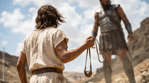 David facing Goliath, dramatic tension, biblical scene, desert backdrop