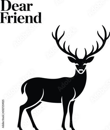 Male deer buck with large antlers and Dear Friend text, pitch black solid silhouette, cad drawing flat vector illustration, nature,