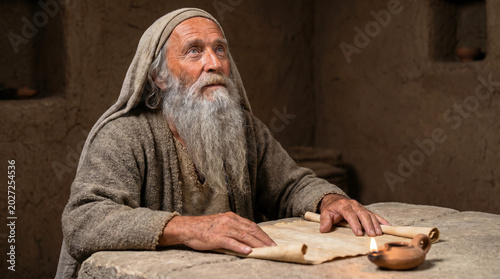 Elderly prophet Isaiah with serene expression, studying scrolls at a humble stone table