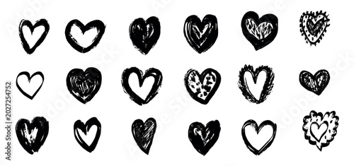 Sketchy whimsical black hearts. Symbols of Valentine's Day and love in ink drawn style. Set of trendy hand drawn vector hearts.