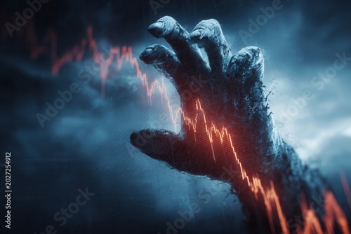 Monster hand reaching for falling stock market graph