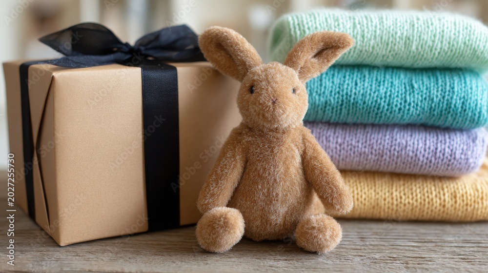 Fototapeta premium a close up, eye level, studio shot shows a soft, brown, plush bunny sitting on a tan gift box with a black ribbon tied in a bow. behind the bunny