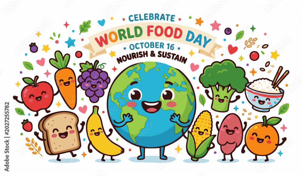 Fototapeta premium Cute World Food Day social media banner with smiling globe and healthy food cartoon vector illustration