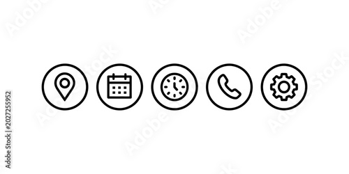 Fotografía Set of five simple black line icons including location pin calendar clock teleph