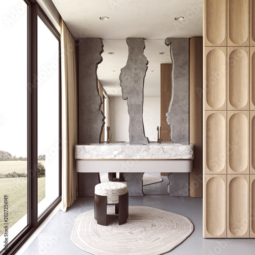 Chair and swirled rug in a scandinavian japandi bathroom with stone double vanity and wooden wall panels