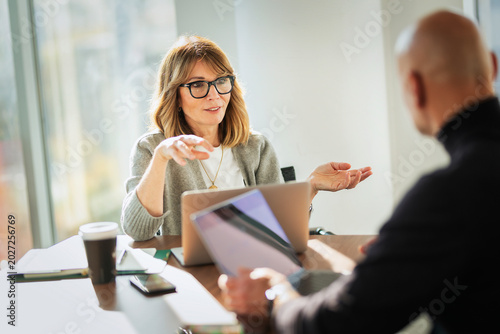 Professional business meeting between mature female executive and male colleague in modern office