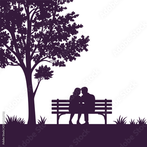 Foto Romantic young couple sitting together on park bench under large tree cad drawin