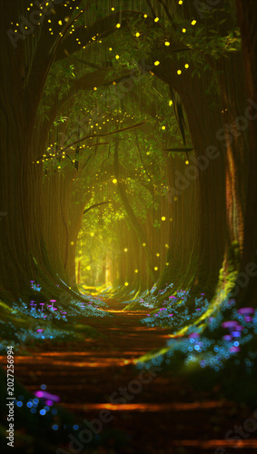 Fotografija Ethereal forest walkway illuminated by glowing fireflies at twilight