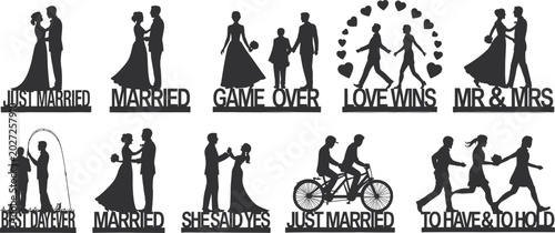 Fotografie Wedding cake topper collection with just married and love wins text cad drawing