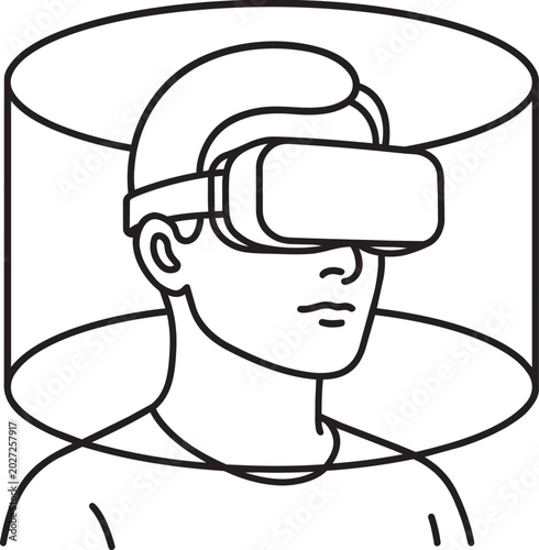 Human head wearing immersive virtual reality headset device vector outline icon illustration for digital cyberspace technology